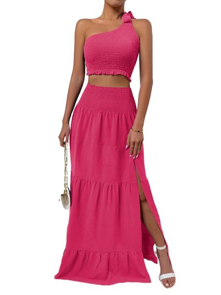 

one shoulder knot side shirred crop & split thigh skirt e5f4#, White