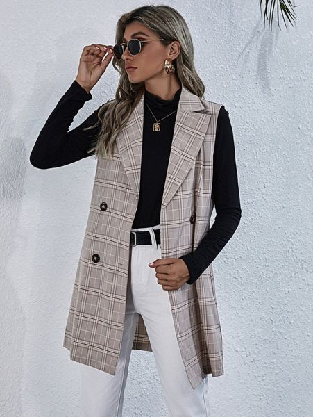 

plaid double breasted blazer vest without belted e4tc#, White