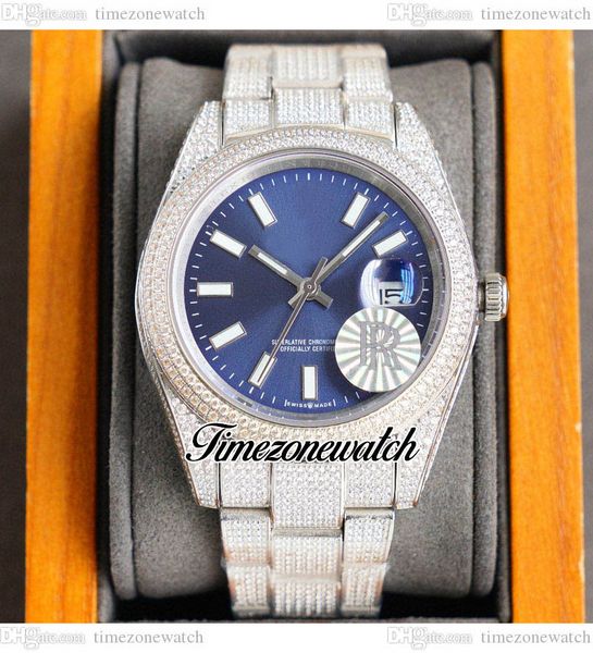 

rf 41 126334 miyota automatic mens watch paved diamond case blue dial stick markers fully iced out 904l oystersteel bracelet jewelry watches, Slivery;brown