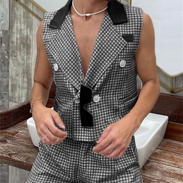 

men sets streetwear plaid patchwork lapel sleeveless vests shorts two pieces fashion casual suits 5xl incerun 7 220705, Gray