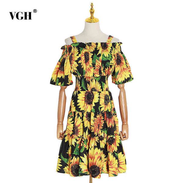

printed floral tunic dress for women square collar puff sleeve high waist hit color casual dresses female clothing 210507, Black;gray