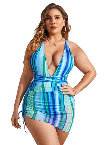 

plus striped plunging one piece swimsuit & beach skirt 90qw#, White;black
