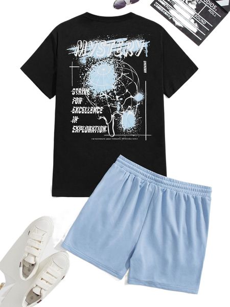 

men slogan graphic tee & drawstring waist track shorts 26yp#, Gray