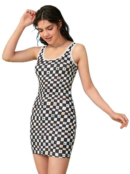 

x julia chen fruit & checkered print bodycon dress x00l#, Black;gray