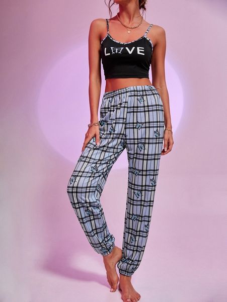 

letter & butterfly print cami pajama set k0g1#, Black;red