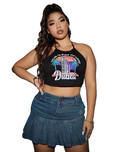 

plus tropical & letter graphic crop halter 013h#, Black