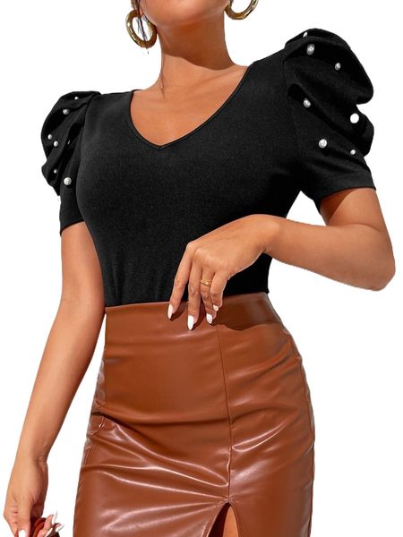 

puff sleeve pearls beaded tee 02kd#, White