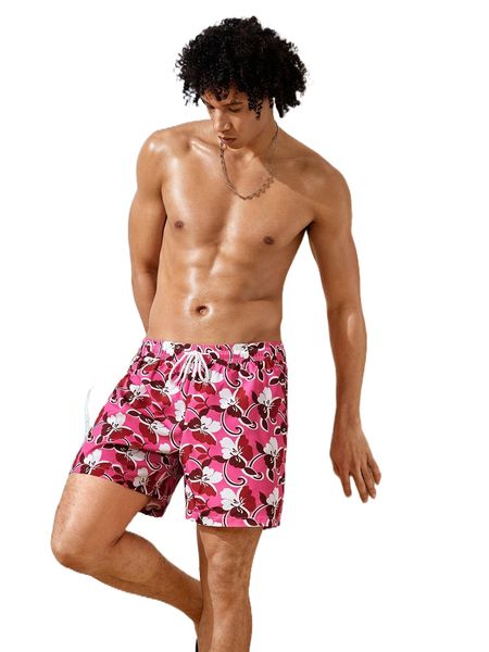 

men floral print drawstring waist shorts p1zp#, White;black