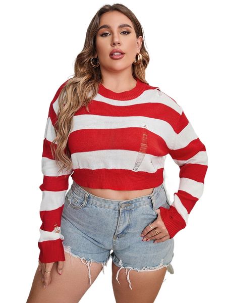 

plus striped ripped drop shoulder crop sweater 75v5#, Black