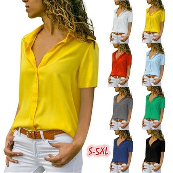 Elegante Revers Büro Dame Arbeitskleidung Hemd Frauen Solide Kurzarm Chiffon Blusen Sommer Weiß Gelb Bluse Tops Plus Größe 5XL 210412