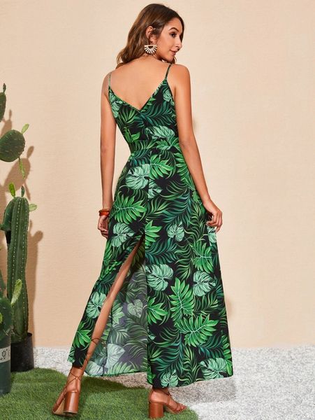 

tropical print slit back belted cami dress b30c#, Black;gray
