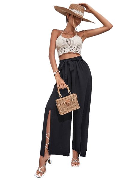 

split front belted pants w3wi#, Black;white