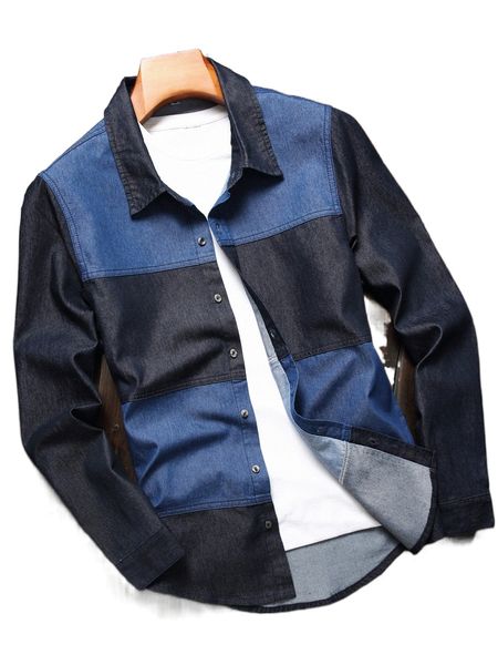 

men 1pc color block denim shirt v4aj#, White;black