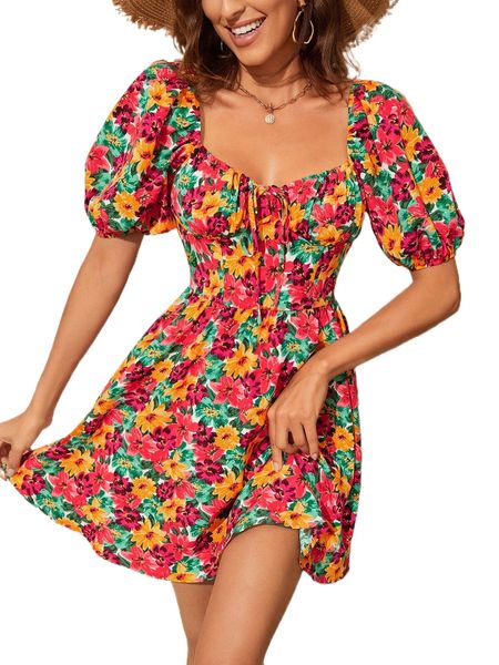 

allover floral print puff sleeve tie front dress b6df#, Black;gray