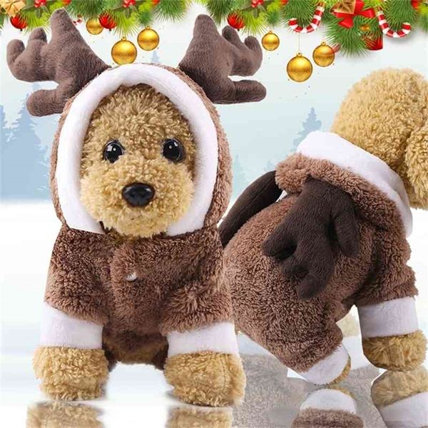 Sonbahar ve Kış Polar Sıcak Düğmeler Köpek Hoodie Sevimli Noel Ren Geyiği Cosplay Kostümleri Kedi Pet Giysileri Teddy Sweater 210401