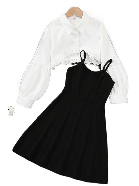 

girls high low ruffle trim shirt & cami dress 84dl#, Black;white