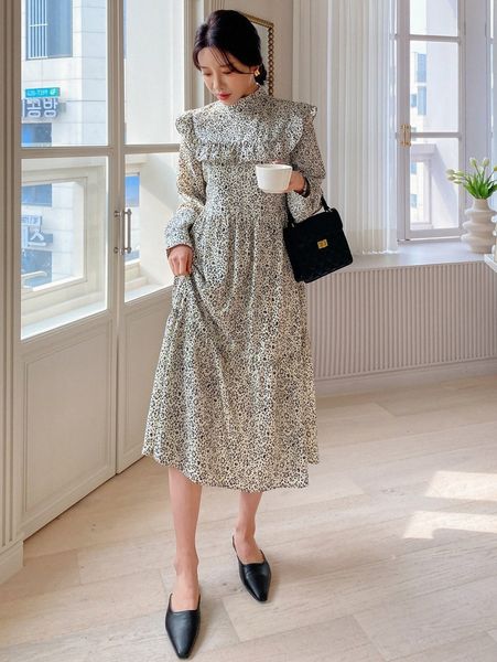 

dazy ditsy floral mock neck ruffle trim ruffle hem dress q5k1#, Black;gray