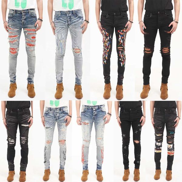 

2021 mens jeans high street tide water hole patch slim fit brand dirty yellow mud wash, Blue