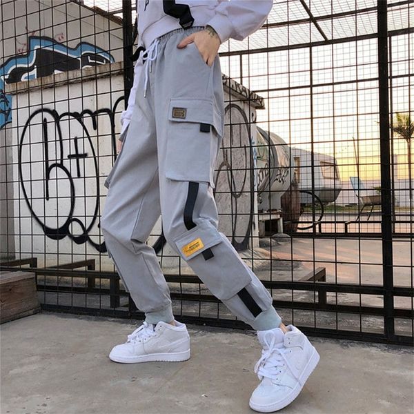 

fashion women's elastic waist cargo pants ladies casual loose ankle-length streetwear trousers plus size female jogger pants 201113, Black;white