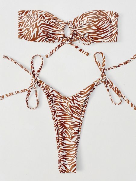 

allover print bandeau bikini swimsuit h5x9#, White;black