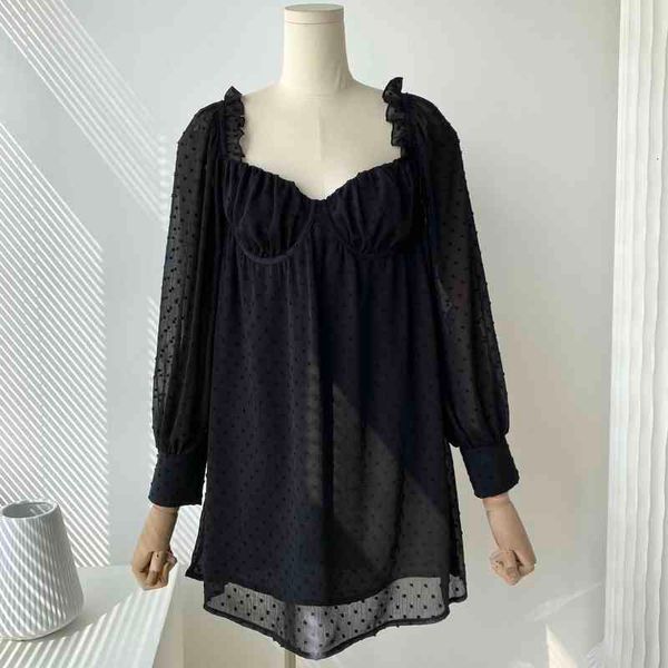 

casual dresses foreign trade original single retro sweet loose baby shirt square neck chiffon ruffle perspective long sleeve short dress, Black;gray