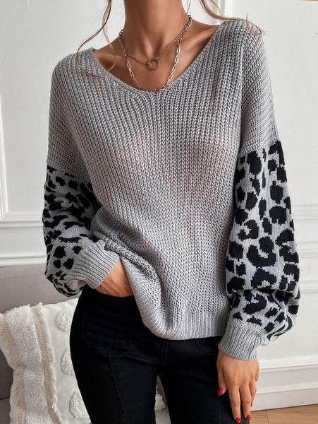 

leopard pattern v-neck bishop sleeve sweater x58d#, White;black