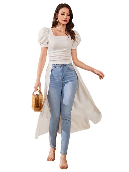 

square neck puff sleeve high low g5iv#, White