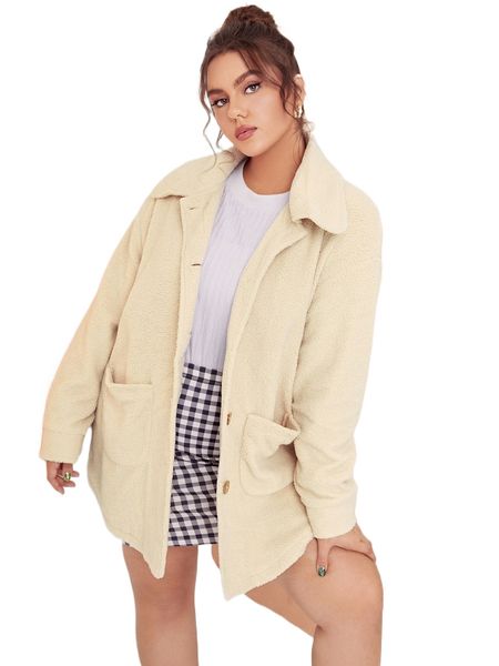 

plus drop shoulder pocket patched teddy coat 317b#, Black