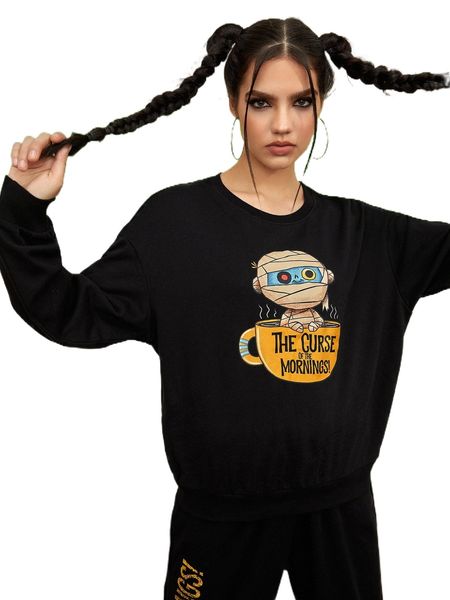 

x ppmid cartoon and slogan graphic drop shoulder sweatshirt n892#, Black