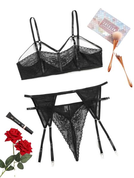 

plus 3pack floral lace lingerie set 81x3#, Black;white