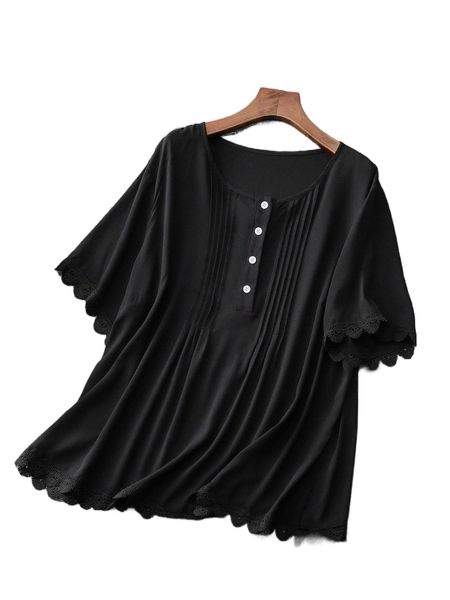 

plus half button contrast guipure lace scallop trim blouse l62l#, Black