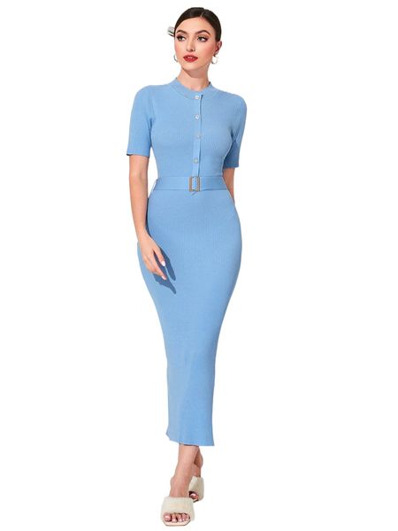 

button half placket slit back belted sweater dress e3xb#, White;black