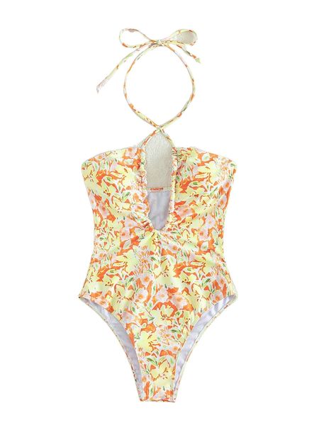 

random floral print tie back halter one piece swimsuit t6xs#, White;black