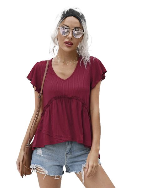 

butterfly sleeve frill trim asymmetrical hem tee q32a#, White