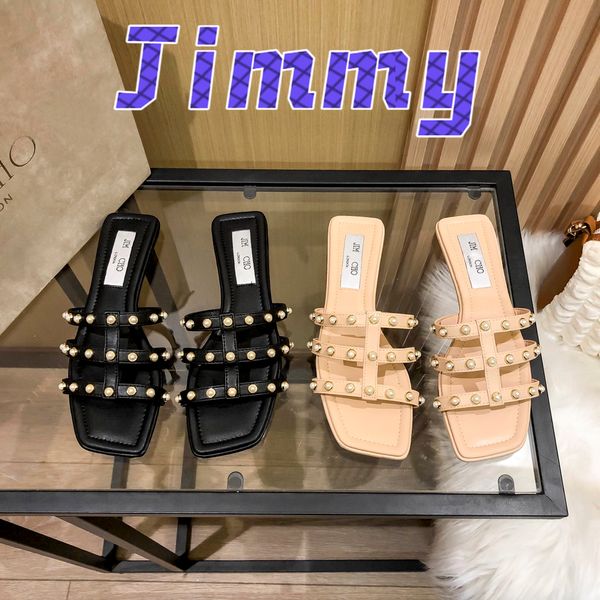 

womens slippers jimmy shoe nappa caged pearl studs hazal flat london women slippers sandals with box designer lady luxury summer slides fash, Black