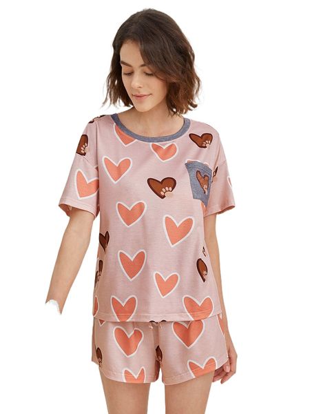 

heart print drop shoulder tie waist pj set a9b2#, Black;red