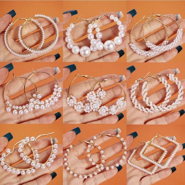 

fashion pearl large circle hoop earrings for women korean geometric heart round pearl alloy earring wedding jewelry gifts, Golden;silver