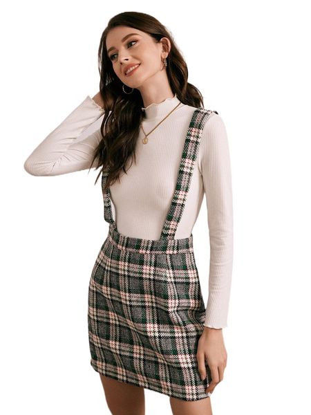 

plaid print crisscross back suspender skirt l36c#, Black