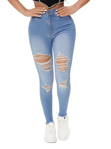 

petite ripped raw hem jeans w87x#, Blue