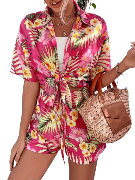 

tropical print drop shoulder blouse & knot front shorts m5k1#, White