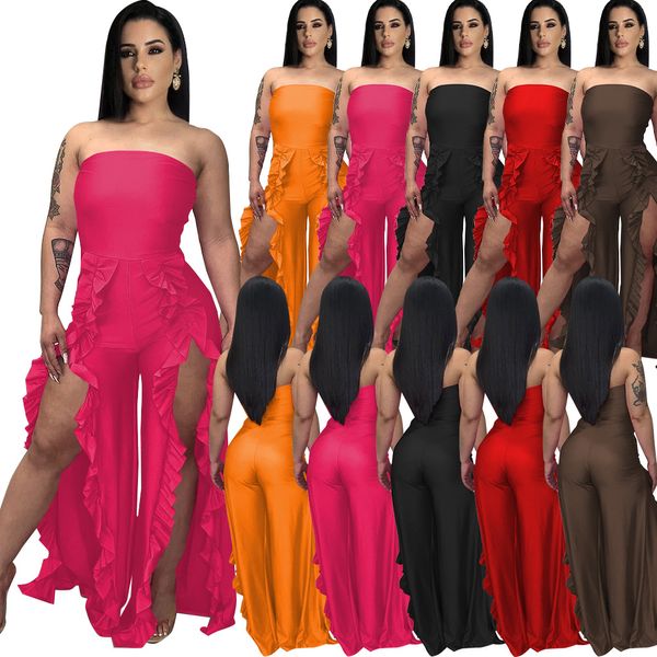 Mais novo jumpsuits de envoltório torácico para mulheres cor sólida ruffles split slim sexy strapless uma peça romper p80458