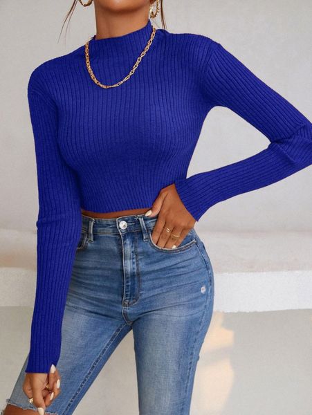 

solid rib-knit stand neck sweater x8w6#, White;black