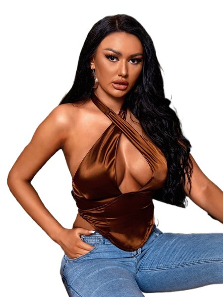 

sxy criss cross backless satin halter d5nu#, White