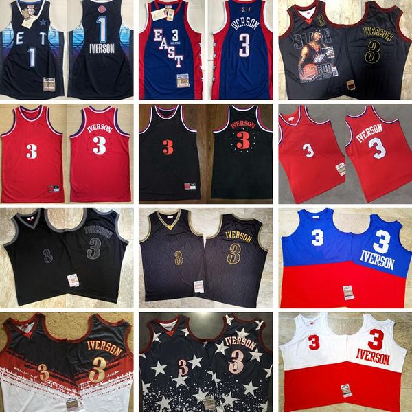 

mitchell and ness authentic embroidery basketball 3 alleniverson jerseys retro 2004 all-star 2009 real stitched away breathable sport man 02, Black;red