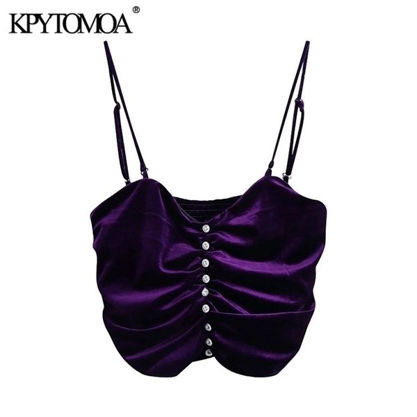 

kpytomoa women fashion pleated velvet cropped tank vintage back elastic removable straps female camis mujer 210326, White