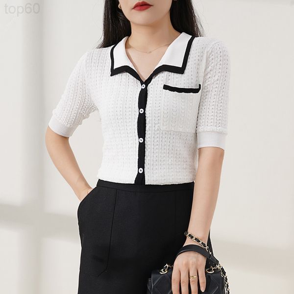 

women's sweaters designer []small fragrance short sleeved v-neck contrast color ice silk sweater slim fit thin t-shirt female k5dm, White;black