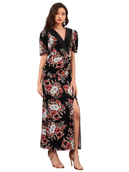 

floral print puff sleeve split thigh dress a1yj#, Black;gray