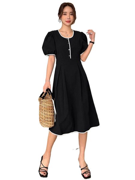 

dazy button front contrast binding puff sleeve dress m2sa#, Black;gray