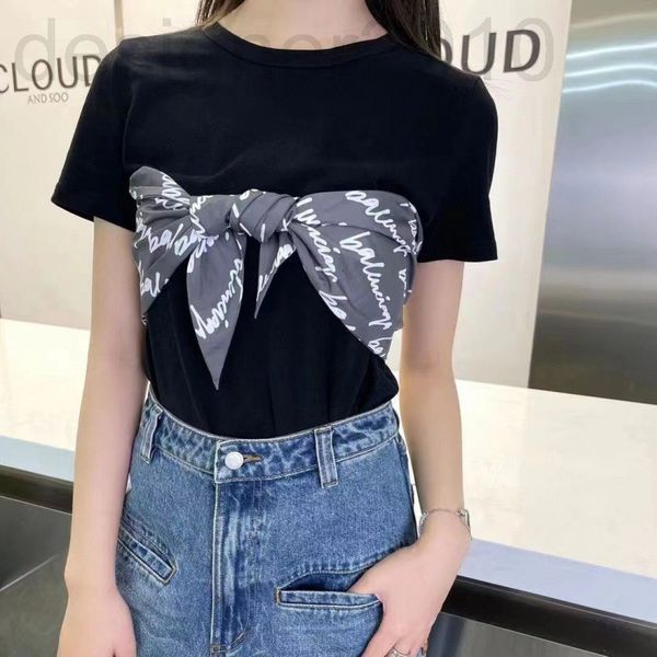 

women's t-shirt designer chaopai 22 early spring new short sleeve satin print fake two bow round neck solid slim fit t-shirt women 8hgc, White