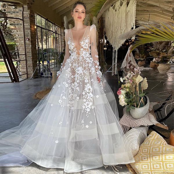 

elegant a-line wedding dresses v neck long sleeve transparent appliques plus size sweep floor length train bridal gown girls gown formal gow, White